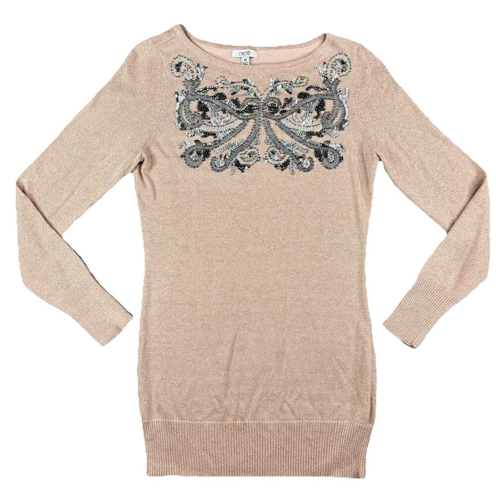 Cache Silver Thread Beaded BUTTERFLY Size M Sweater Blush‎ Pink Vintage 1990S